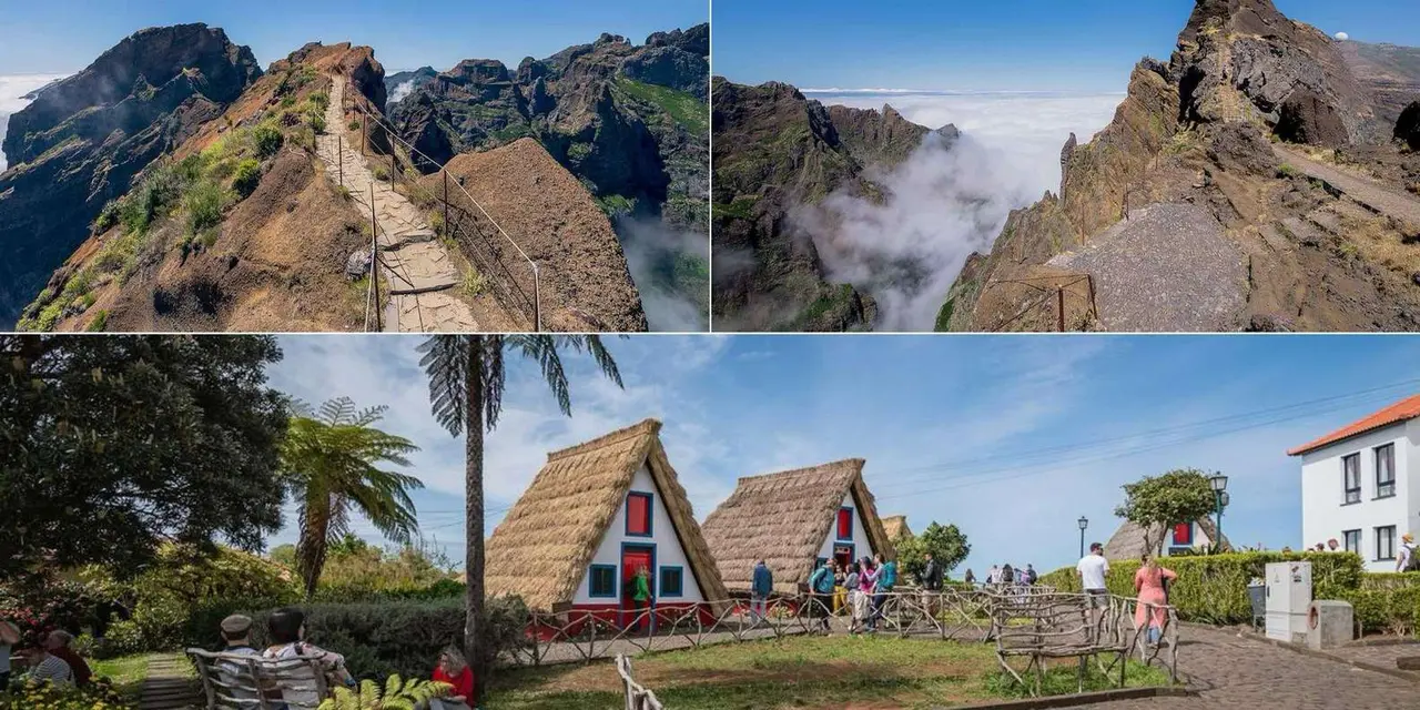 Collage of a stone mountain path above clouds, a rocky peak viewpoint, and the red-and-white triangular thatched houses of Santana