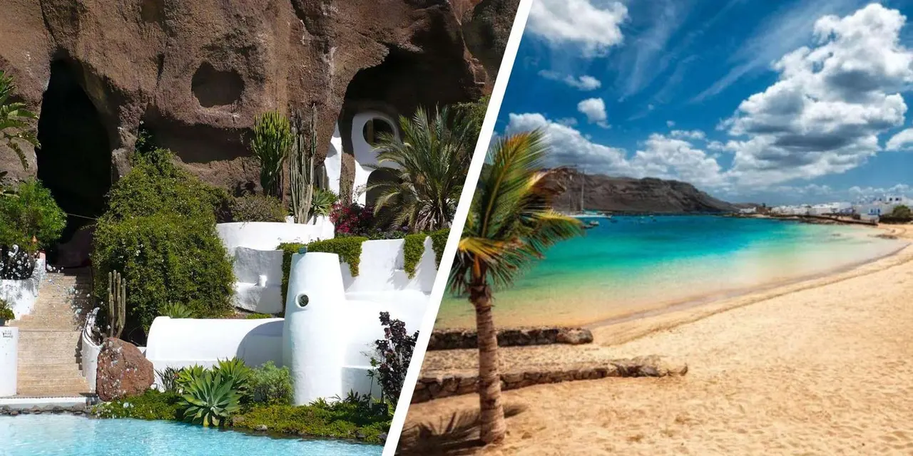 Split image of white buildings set into dark rock at LagOmar and a turquoise cove with a palm