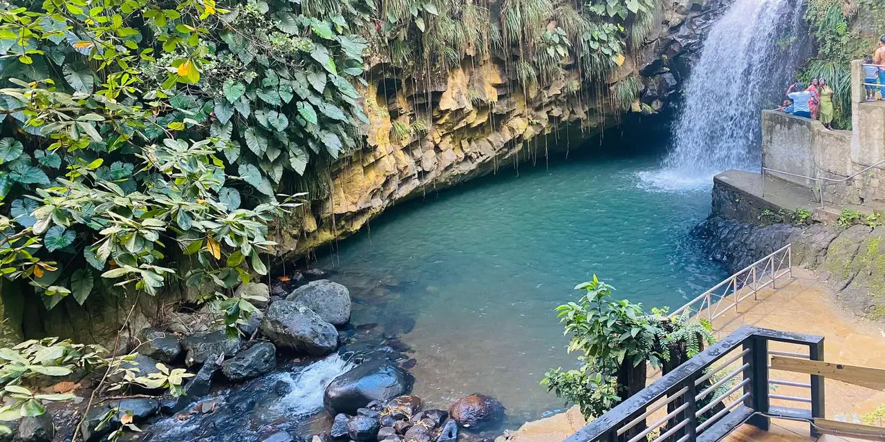 Annandale Waterfall falling into a green pool surrounded by plants