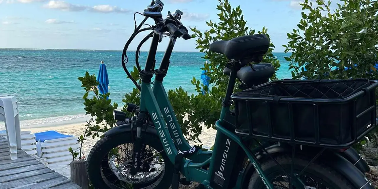 A dark green electric bike with a rear basket parked on a boardwalk beside turquoise water