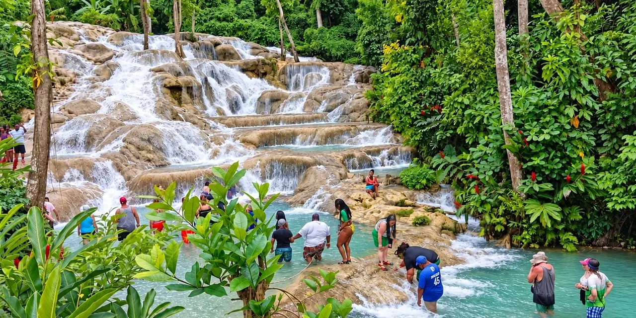 Climbers on the terraced limestone steps of Dunn's River Falls among tropical trees