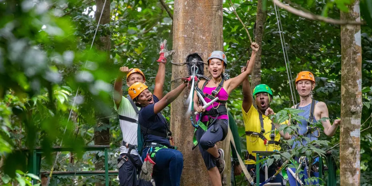 A group in helmets cheering, with one rider hanging from a zip line among rainforest trees
