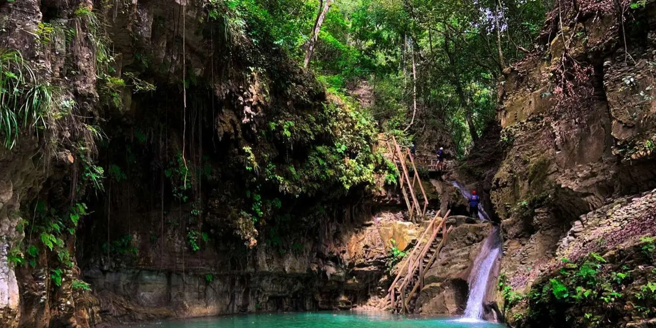 A turquoise pool at the foot of a small waterfall in a rocky jungle gorge, with a wooden ladder fixed to the rock