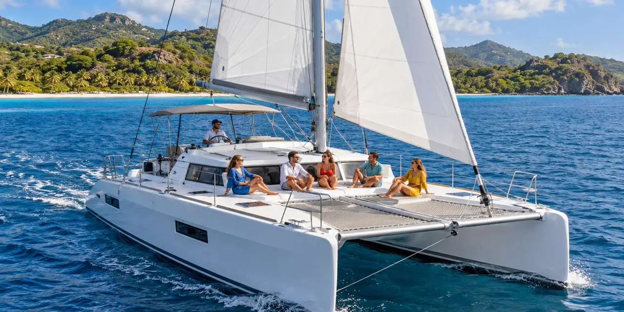 A white catamaran under sail on blue water, with green hills on the shore behind