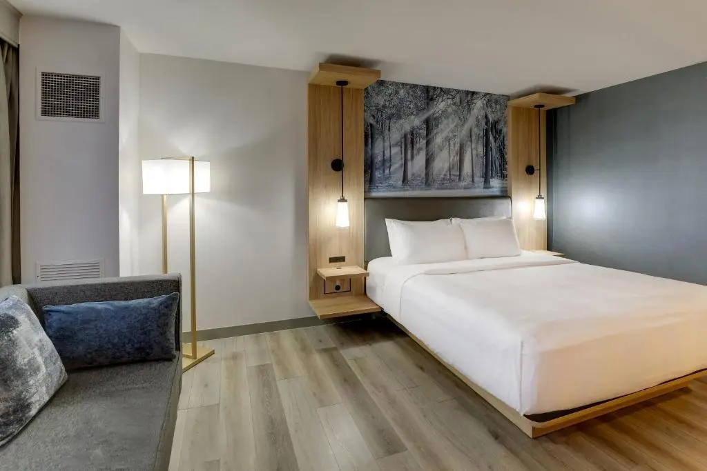 A Mobile Marriott room with a king bed, wood-floor look and a grey sofa under a forest print