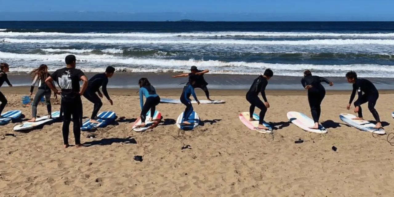 A group of beginners stretching beside surfboards laid out on the sand, with waves breaking behind them
