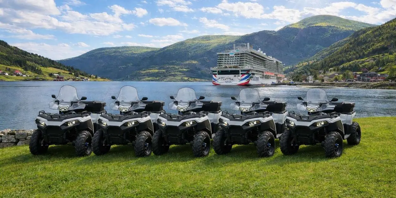 A row of ATVs parked on grass with a cruise ship moored across the water