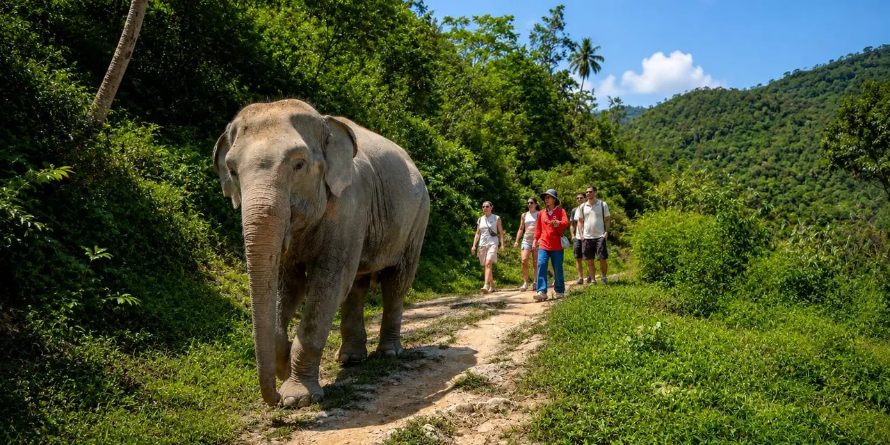 An elephant on a jungle path with a small group of visitors walking behind
