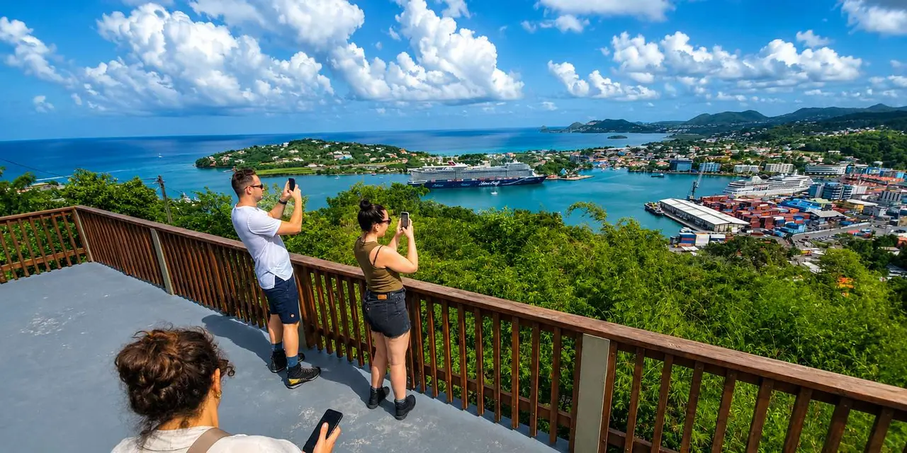 Two visitors photographing a harbour from a viewing deck, with a cruise ship alongside the pier below