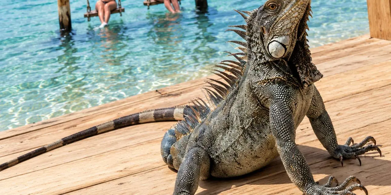 An iguana resting on a wooden pier above shallow clear water, with swimmers' legs in the background