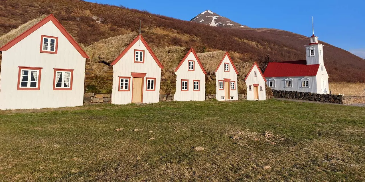 Row of white-fronted turf houses with grass roofs and a red-roofed church at Laufás, under a clear blue sky