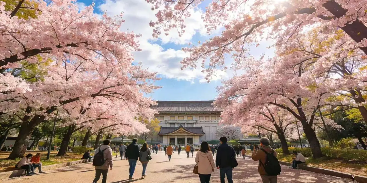 Cherry trees in full pink bloom arching over a wide path where visitors walk toward a large museum-style building with a tiled roof