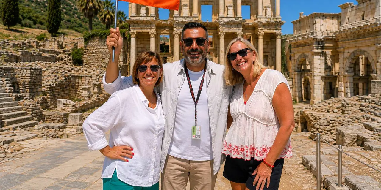 A guide holding an orange GetYourGuide flag with two visitors in front of the Library of Celsus