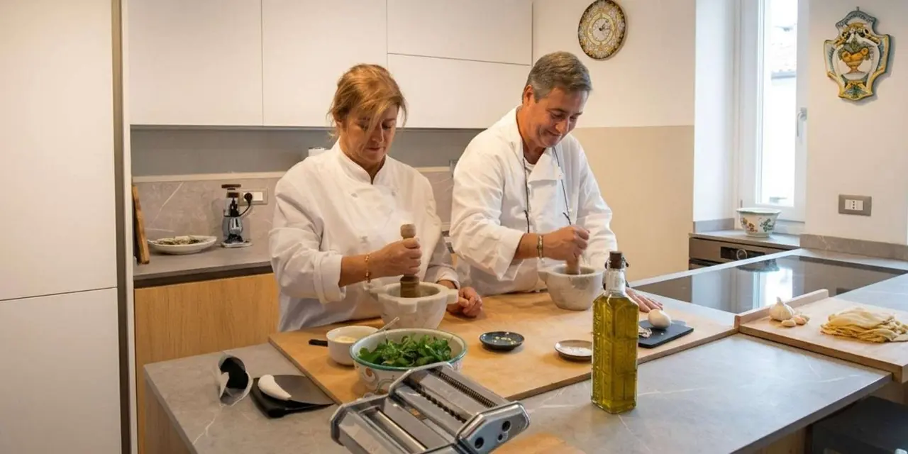 Two cooks in white jackets making pesto at a kitchen counter