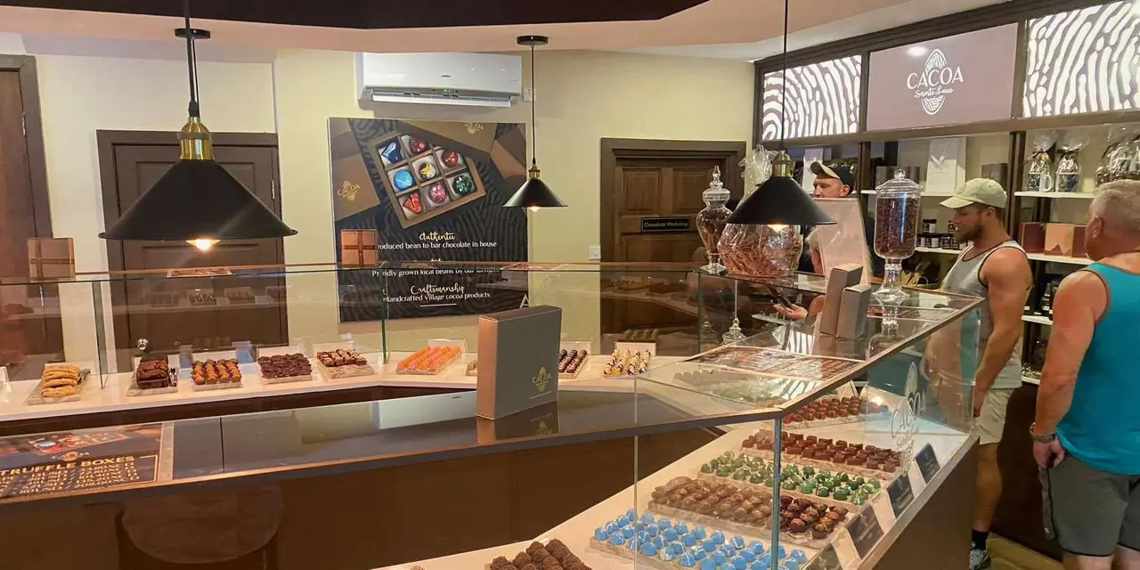 A chocolate shop counter with trays of chocolates in a display case