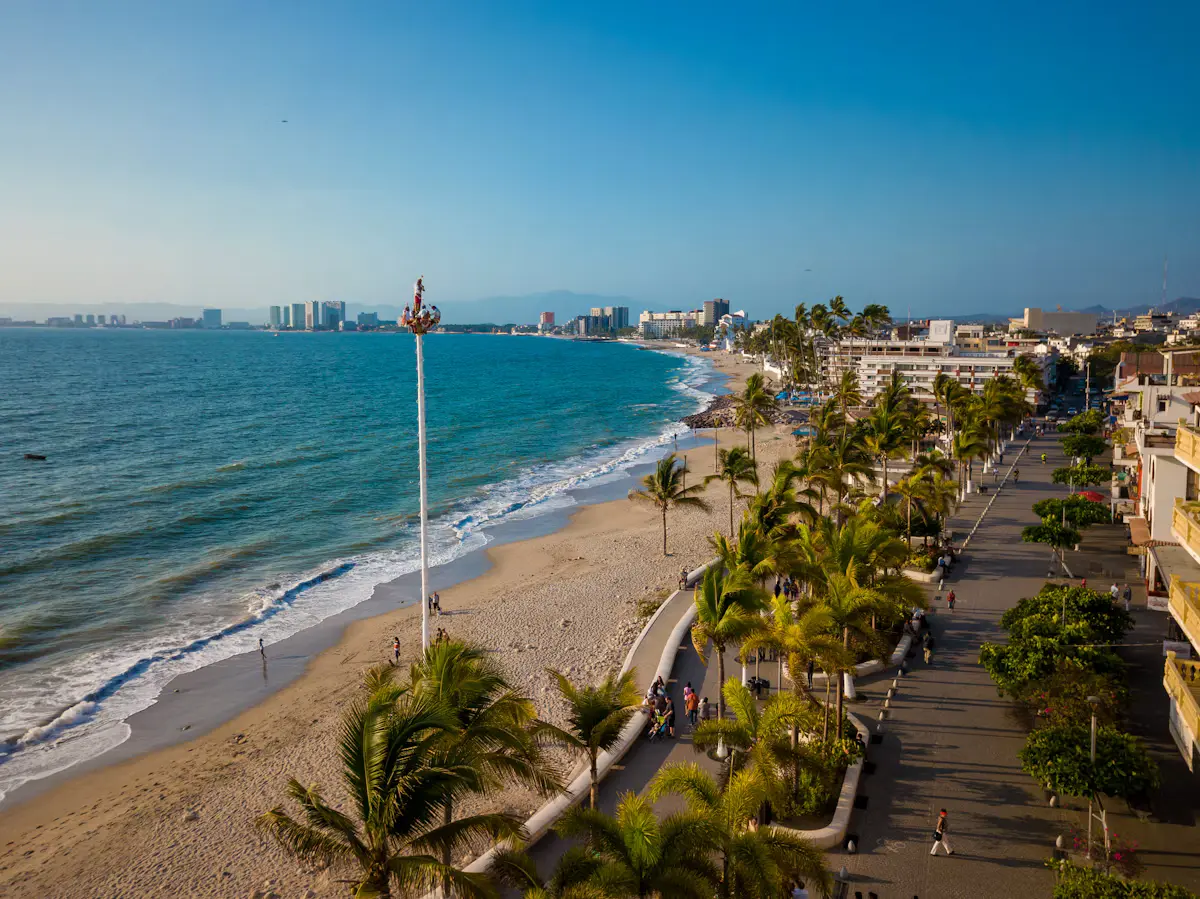 A sandy Puerto Vallarta beach curving along Banderas Bay beside a palm-lined seafront promenade, with high-rise hotels in the distance under a clear blue sky