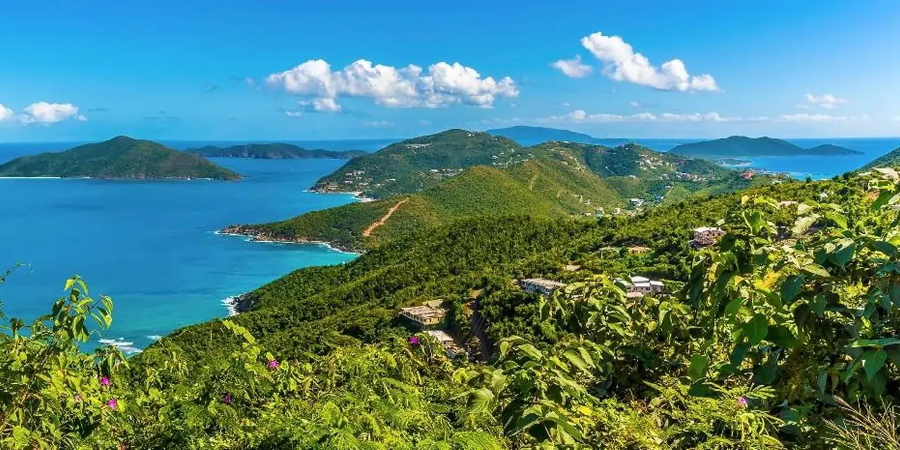 Lush green hillside vegetation sloping down to a blue bay with islands on the horizon