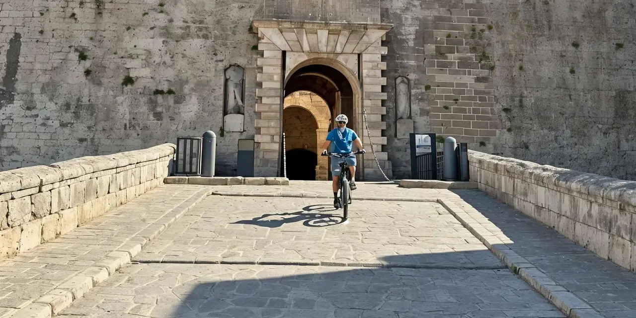 A cyclist in a blue top and white helmet riding out of a stone fortress gate