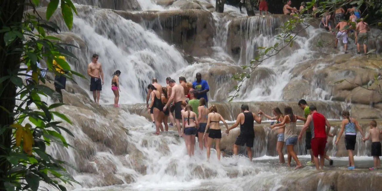 A line of people climbing the cascades of Dunn's River Falls among tropical trees