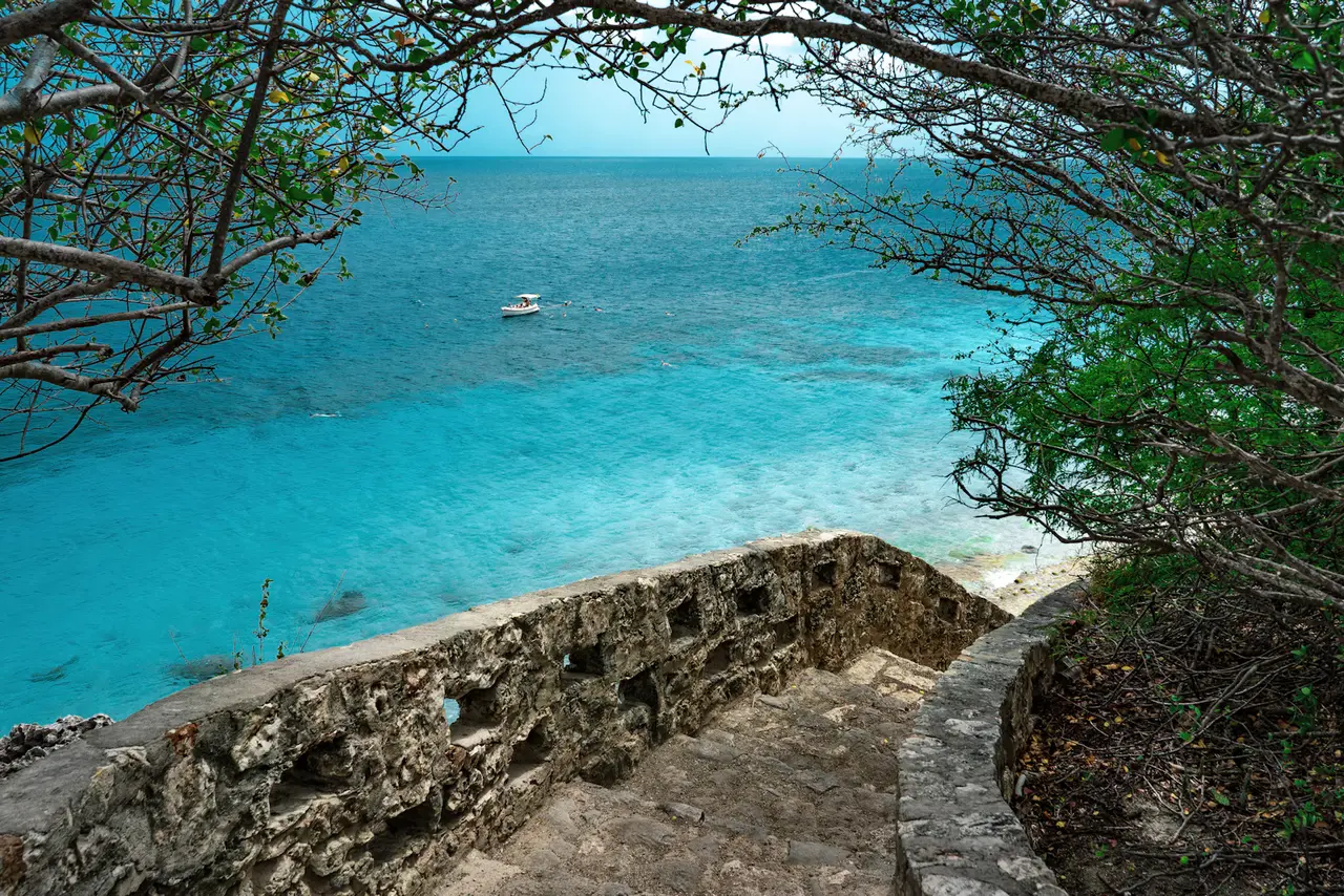 Turquoise water below a stone seawall and steps at 1000 Steps on Bonaire, framed by green branches with a small boat far out