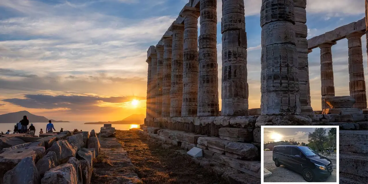The columns of the Temple of Poseidon at sunset over the sea, with a small inset picture of a black van