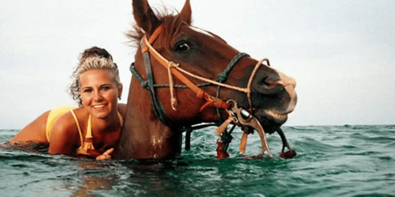 A smiling rider in the sea beside a chestnut horse that is swimming with its head above the water