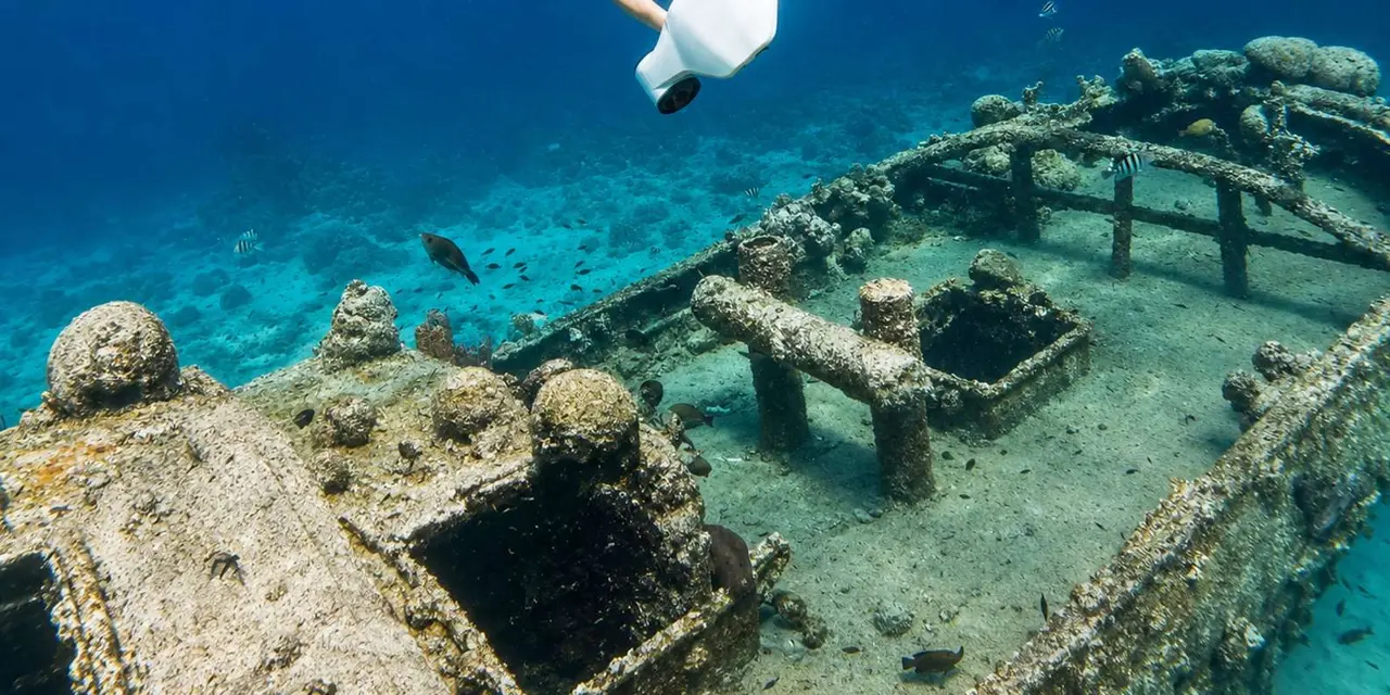 A coral-covered sunken wreck on the seabed seen from above through clear water