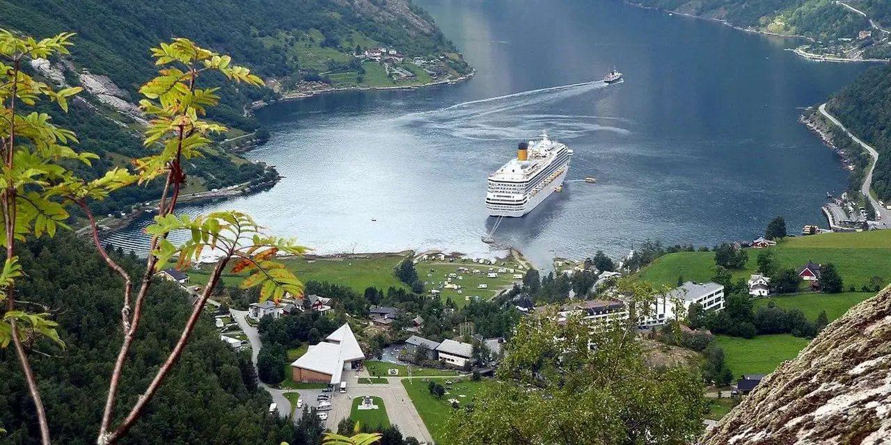 View down to the fjord and Geiranger village with a cruise ship moored, framed by birch leaves