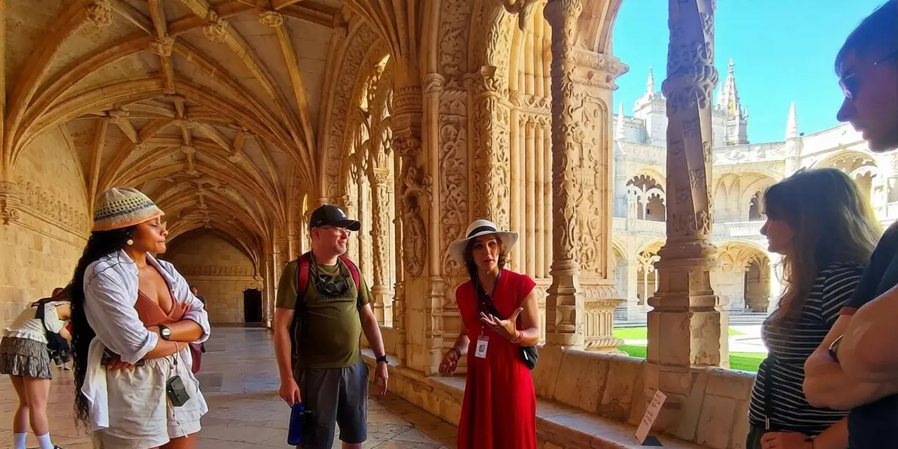 A guide in a red dress and white hat talking to visitors inside the carved stone arches of a monastery cloister