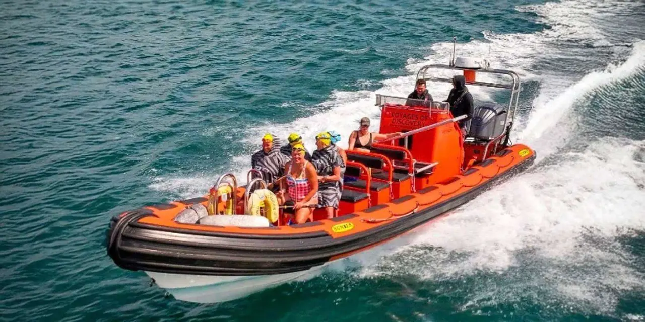 An orange rigid-inflatable boat with passengers in life jackets speeding across blue water