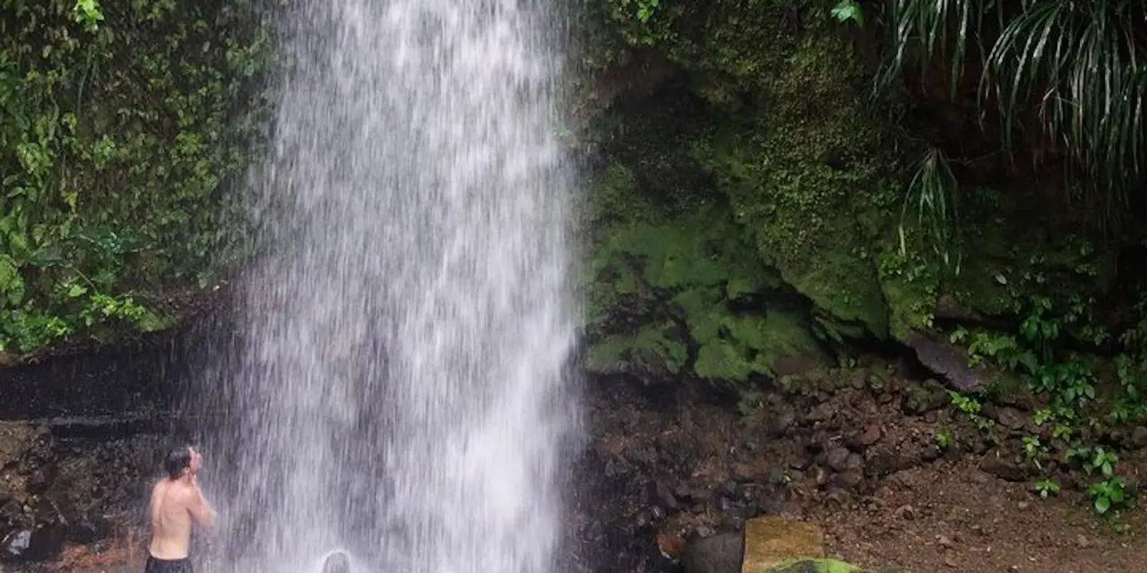 Water cascading down a green rock face into a pool