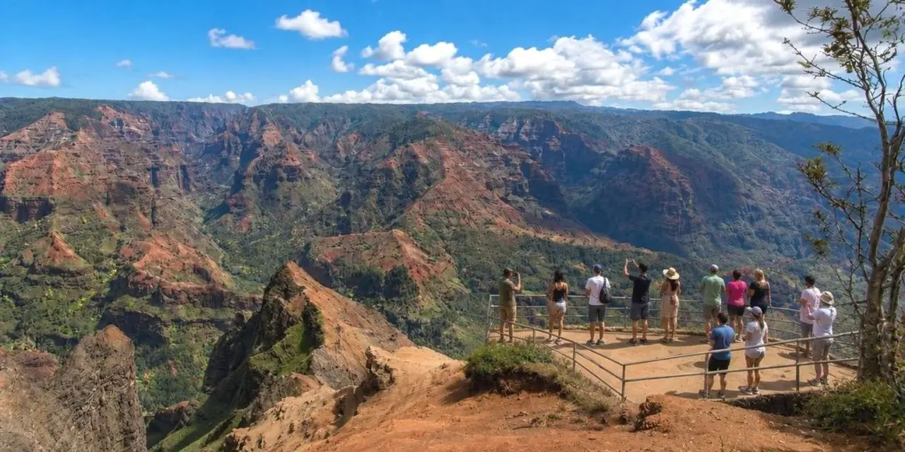 A group of visitors at a railed lookout above the red and green walls of Waimea Canyon