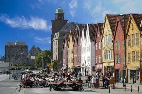 Bryggen's coloured wooden wharf houses along Bergen's harbour front
