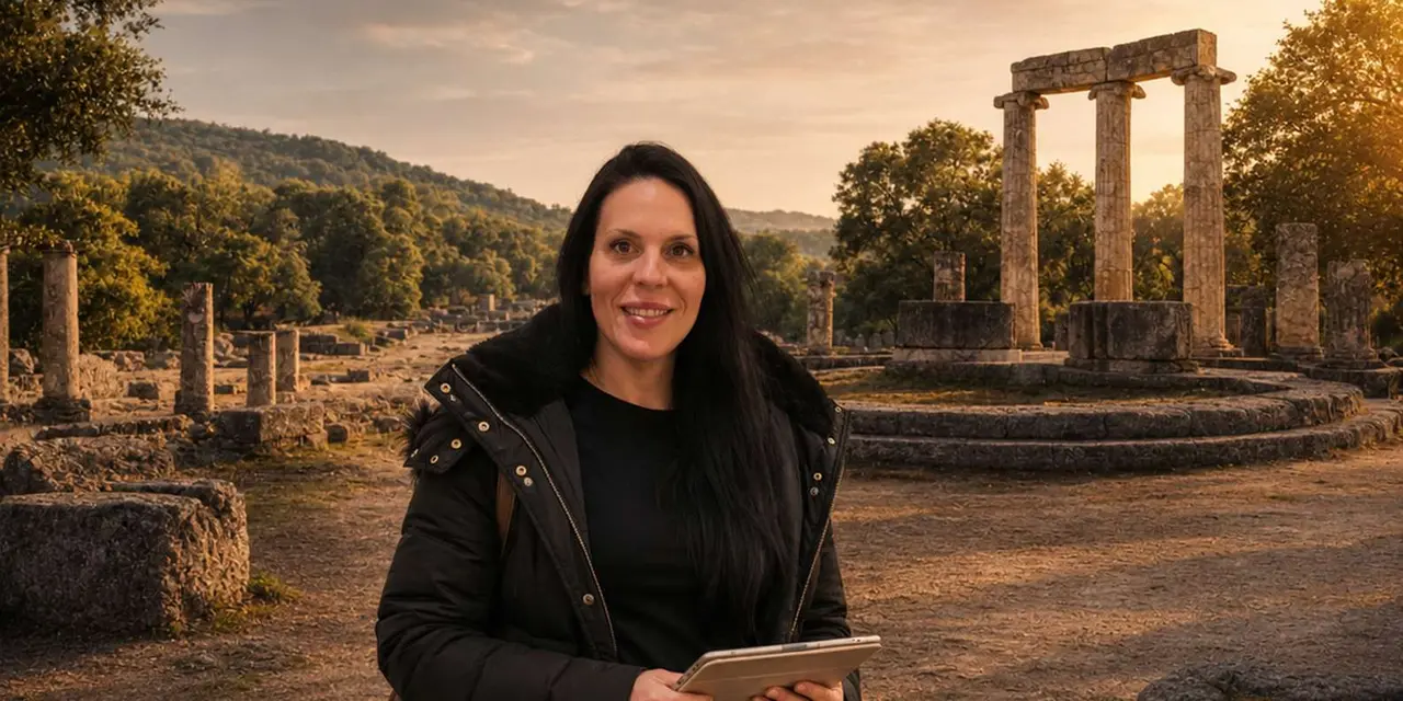 A guide holding a tablet among the ruins of Ancient Olympia in warm evening light