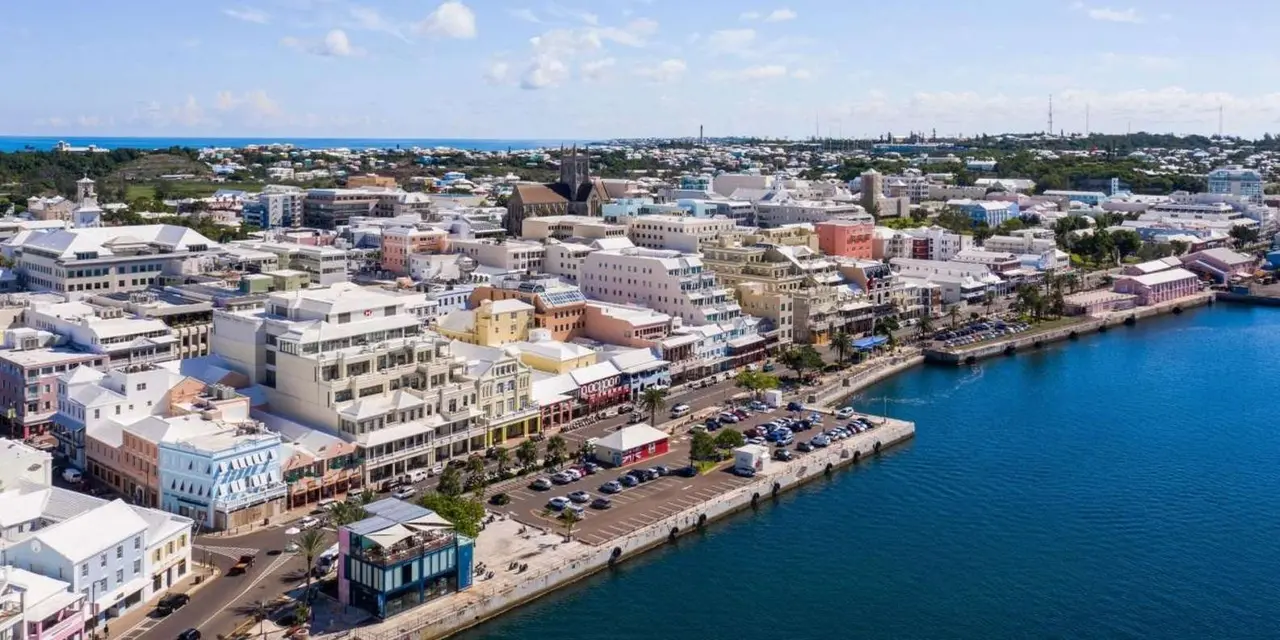 Aerial view of Hamilton's pastel buildings and harbour front