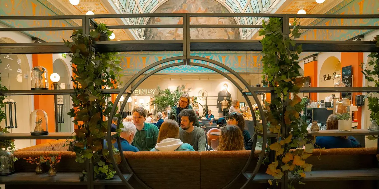 Diners at tables inside a warm, busy café with arched windows and hanging plants