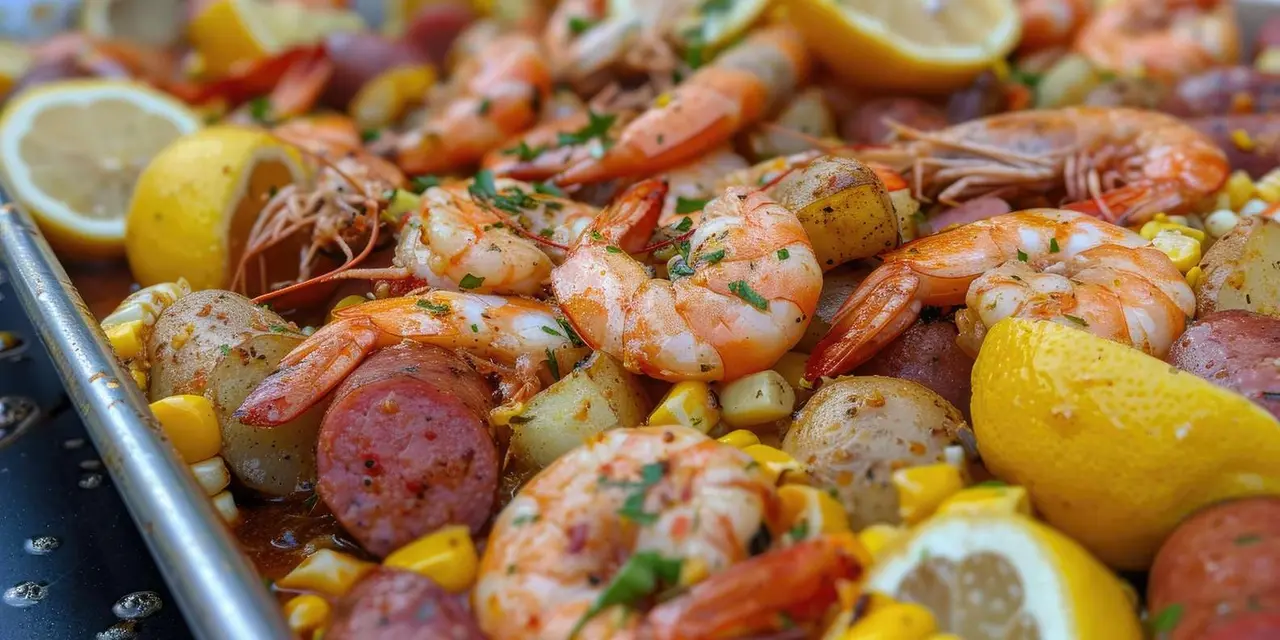 A tray piled with boiled shrimp, sausage slices, corn and potatoes with lemon halves