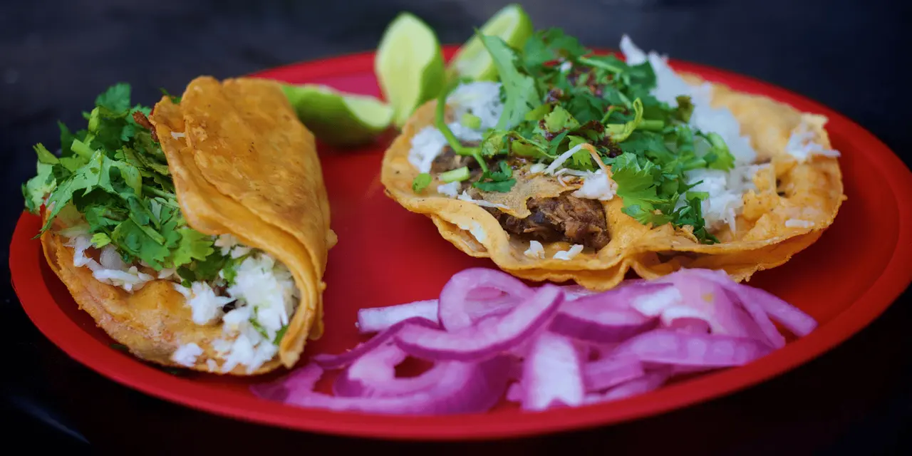 Two tacos topped with shredded meat, cilantro and pickled red onion on a red plate with lime wedges