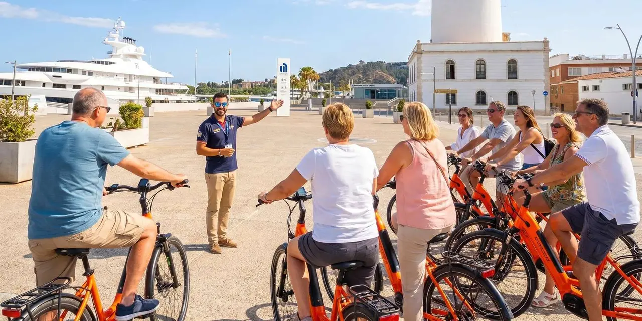 A guide talking to a group of cyclists on a sunny harbourfront promenade, with a cruise ship and a lighthouse behind