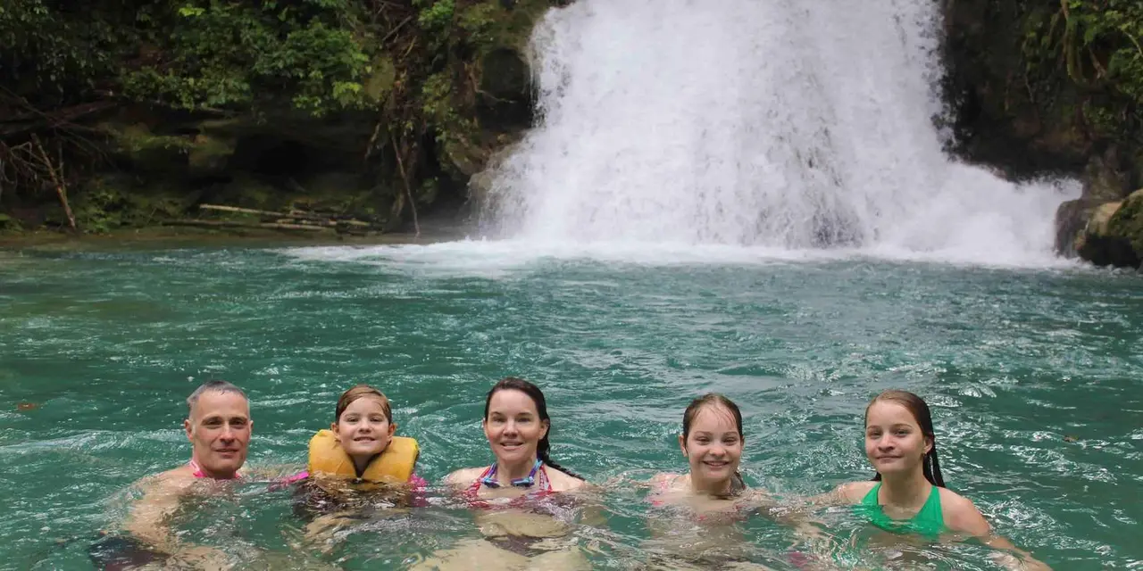 Four people swimming in a green pool below a waterfall