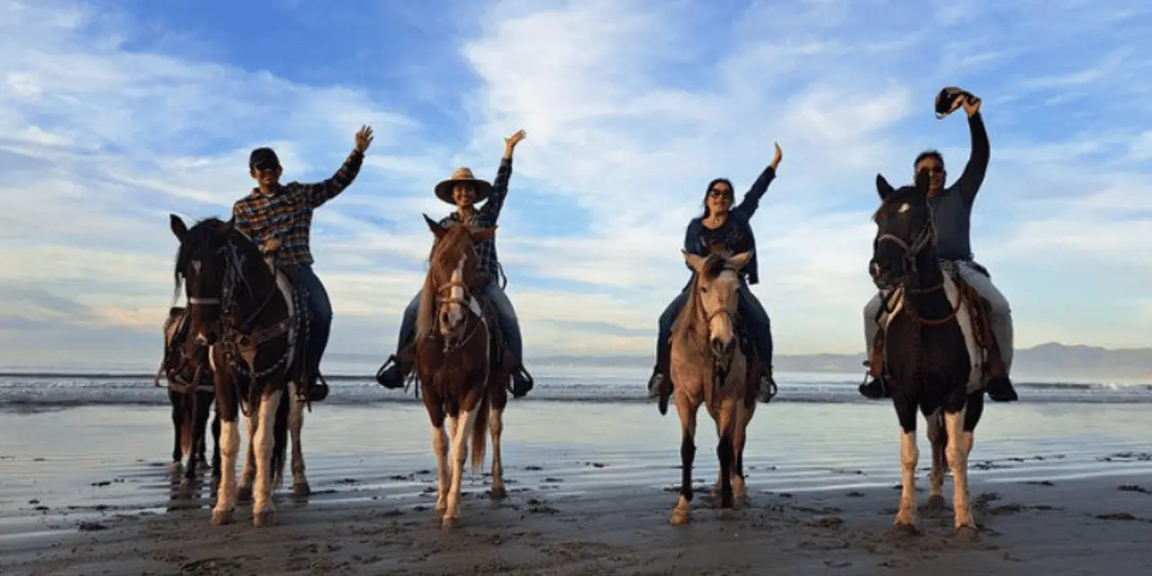 Four riders on horseback at the edge of the surf on a wide sandy beach, two waving their hats
