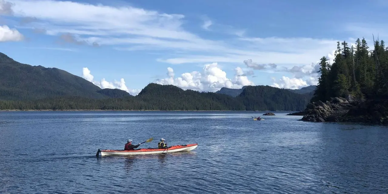 Kayakers paddling a calm cove with forested islands under a blue sky