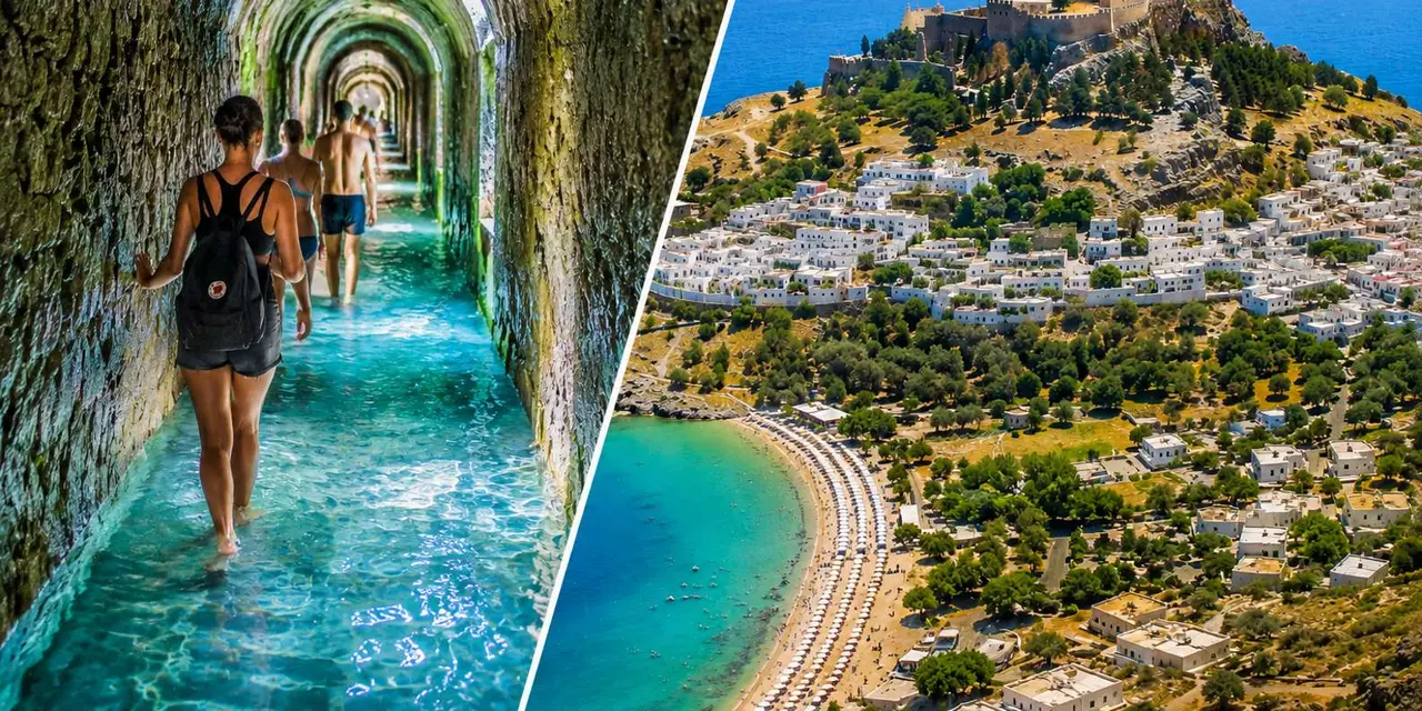 Collage of two photos: people wading through a lit stone water tunnel, and the whitewashed village of Lindos above a curved beach