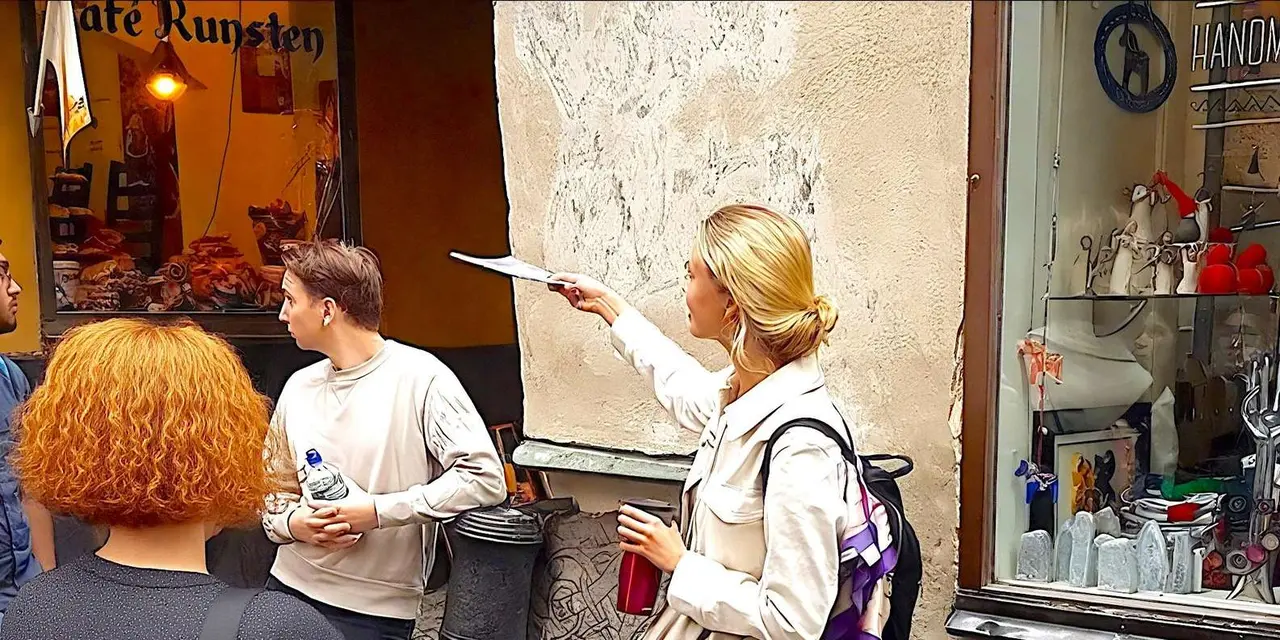 A guide pointing at a map on a rough stone wall while two visitors look on, in a narrow Old Town street