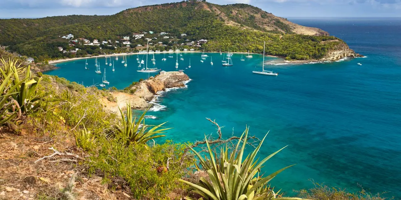 A turquoise bay dotted with yachts below a green headland on Antigua's coast