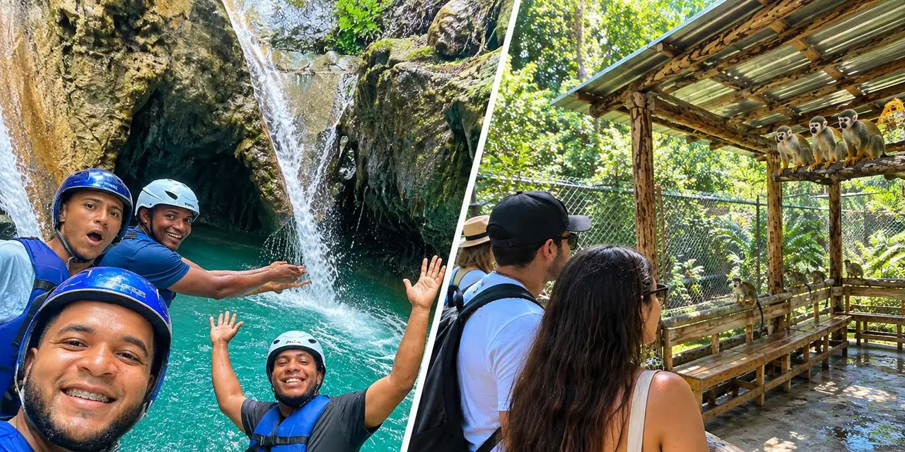A guide offering a hand to a swimmer in a turquoise pool below a waterfall