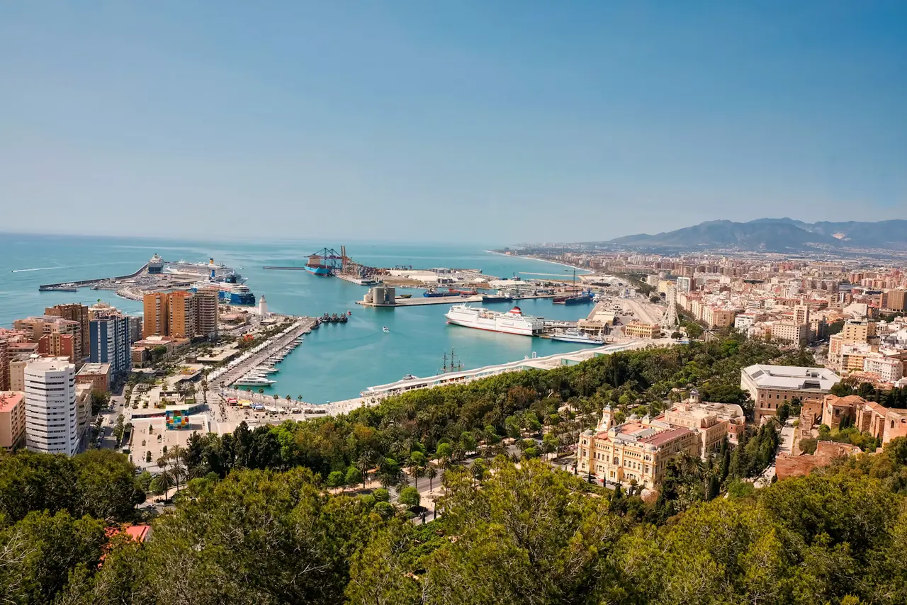 Málaga's harbour seen from the Gibralfaro hillside: cruise ships at the long Levante pier, the marina and Muelle Uno, the town hall among palm trees, and the city stretching to the mountains