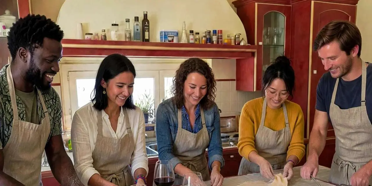 Five people in aprons making fresh pasta around a kitchen table set with glasses of wine