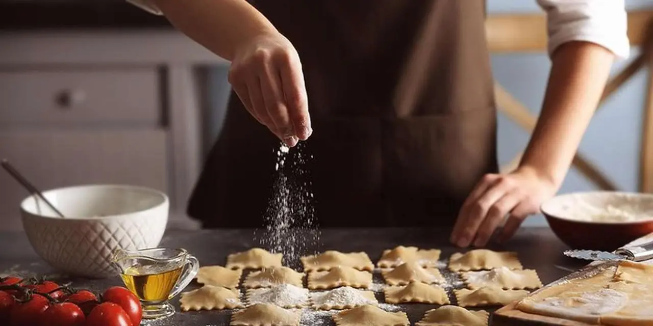 Hands sprinkling flour over small filled ravioli pieces on a counter