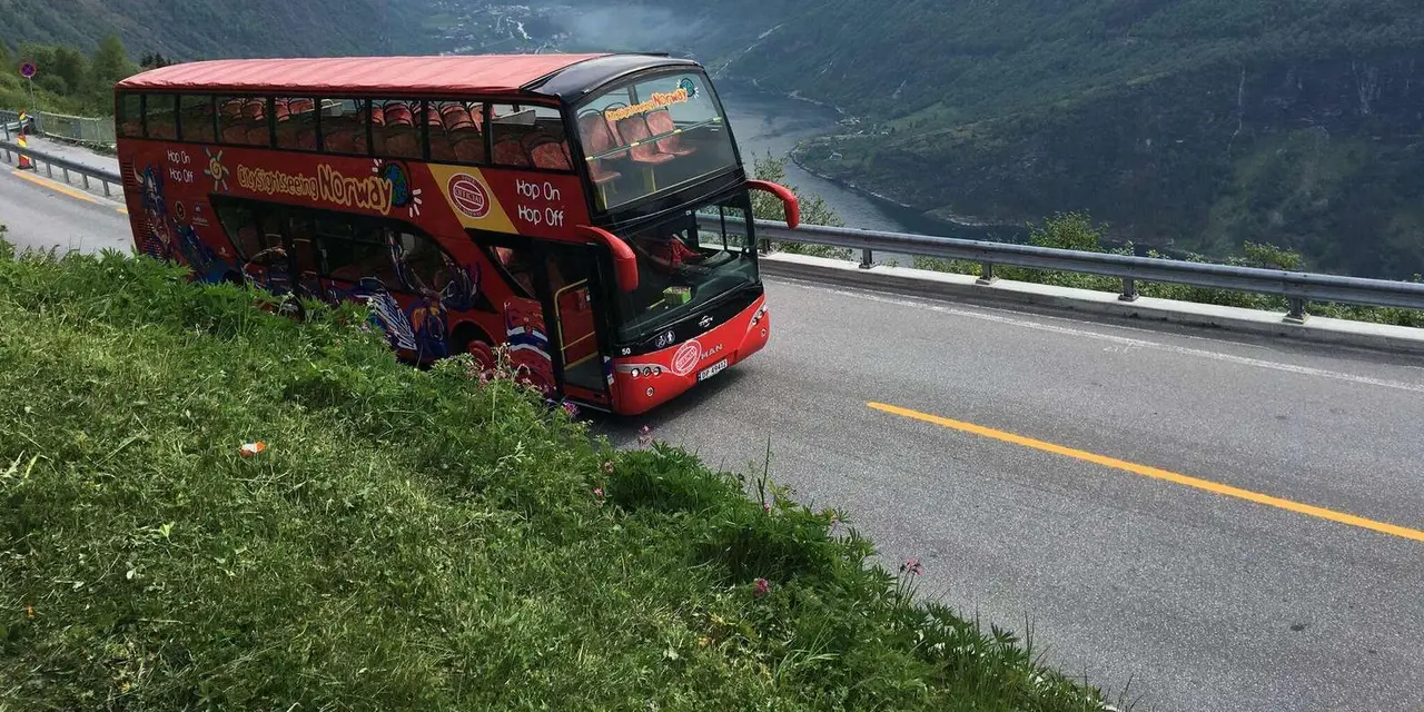 A red double-decker City Sightseeing bus on a mountain road high above the fjord